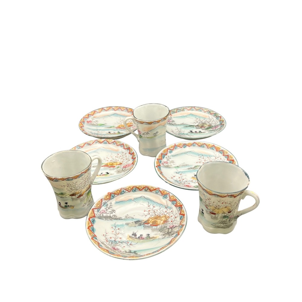 VTG 8 Pc Set Japanese Porcelain‎ Teacups & Saucers 5 Saucers 3 Teacups Asian